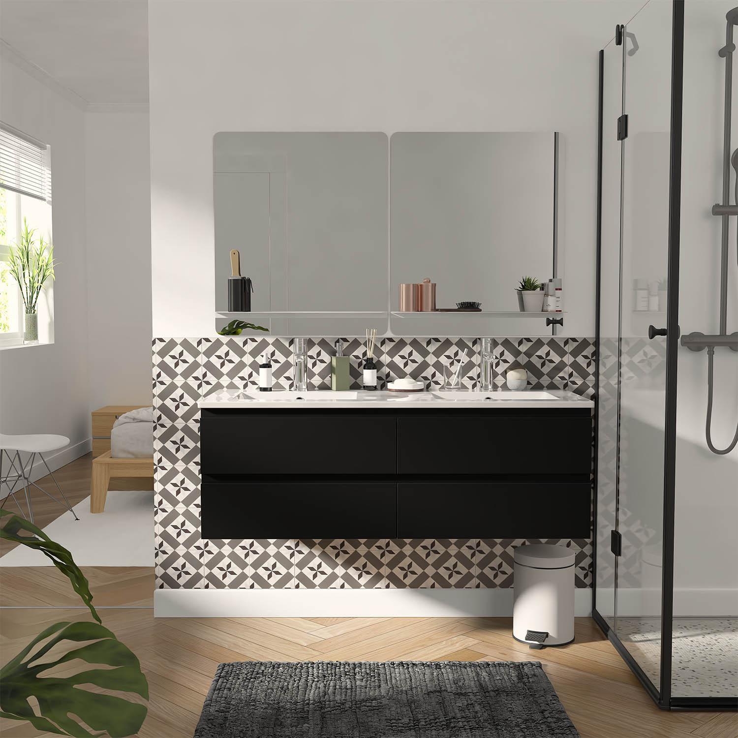 Ensemble double vasque 120cm avec plan céramique, robinets chromés et miroirs