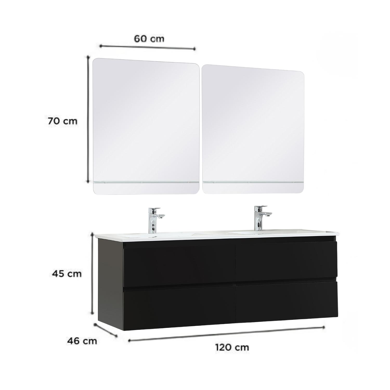 Ensemble double vasque 120cm avec plan céramique, robinets chromés et miroirs