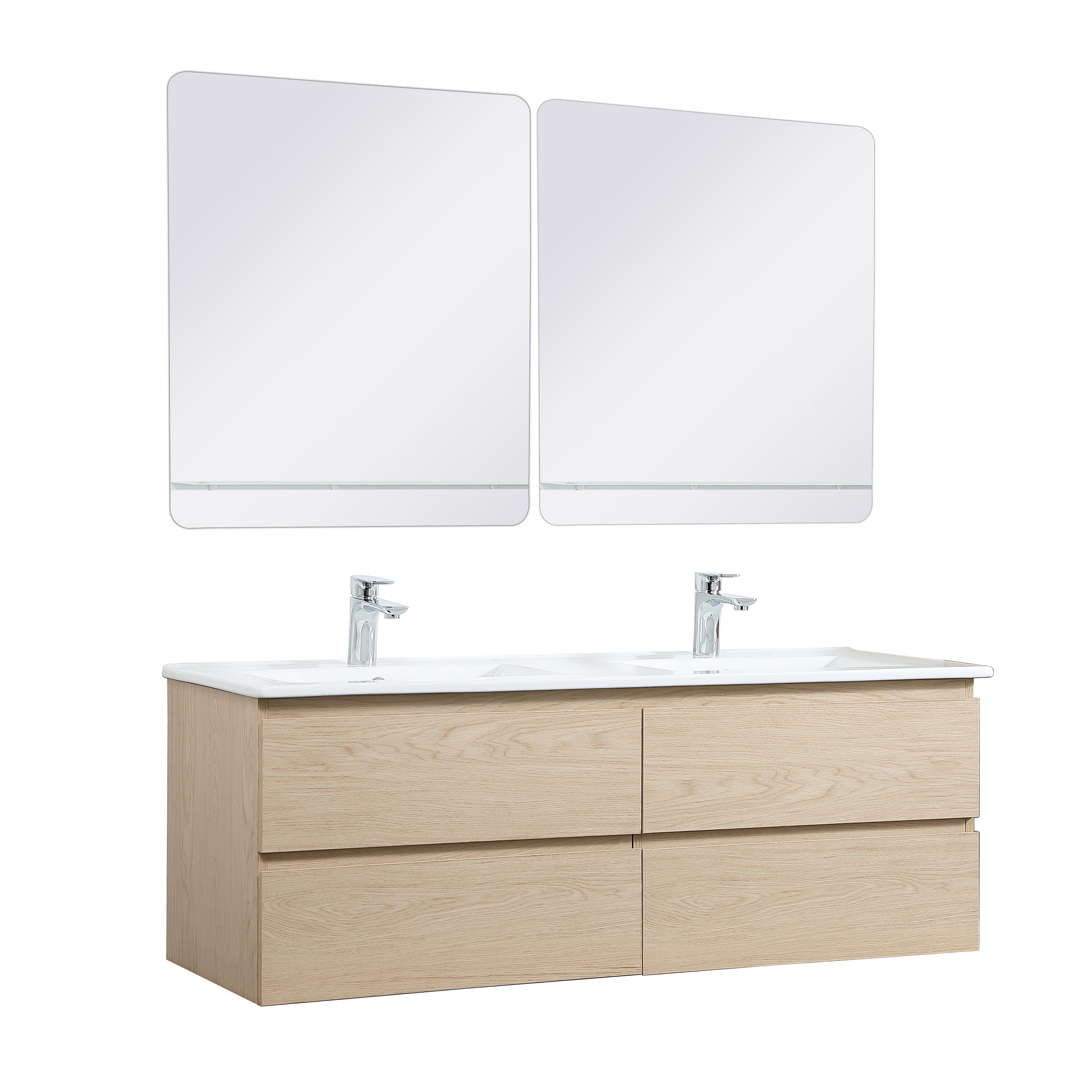 Ensemble double vasque 120cm avec plan céramique, robinets chromés et miroirs