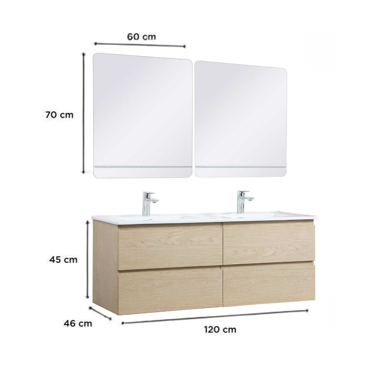 Ensemble double vasque 120cm avec plan céramique, robinets chromés et miroirs