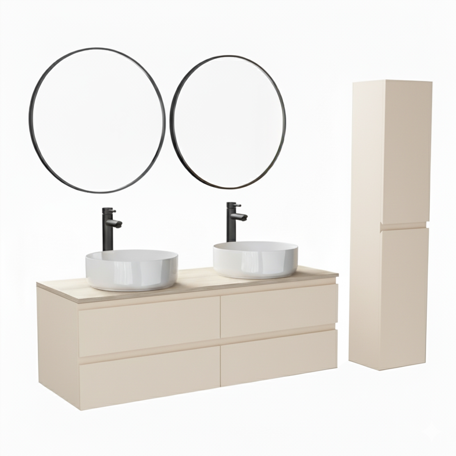 Ensemble double vasque suspendu avec plan bois, vasques, robinets, miroirs et colonne 120cm