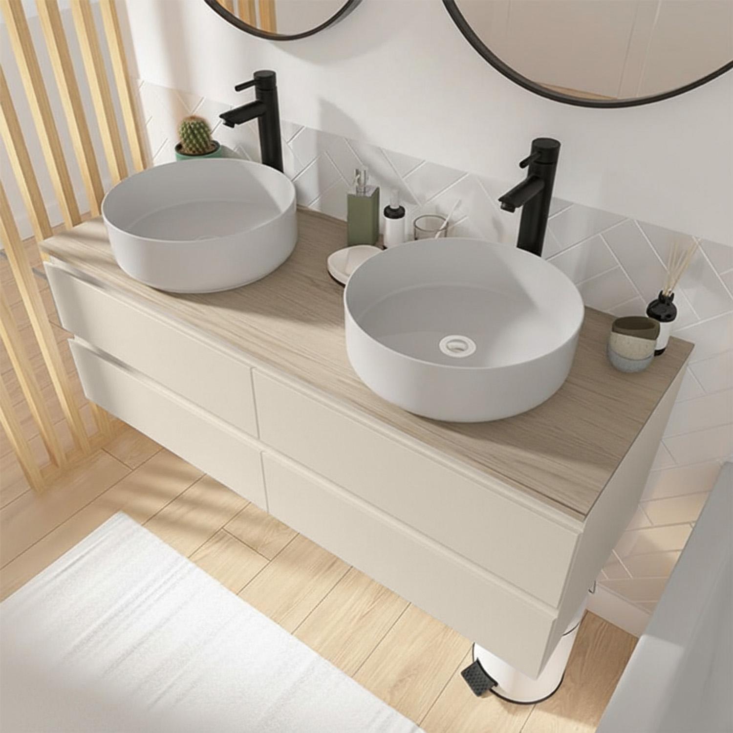 Ensemble double vasque suspendu avec plan bois, vasques, robinets, miroirs et colonne 120cm
