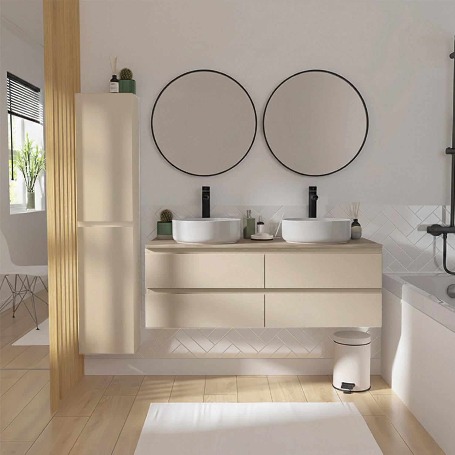Meuble double vasque suspendu 120cm - avec plan vasque décor chêne