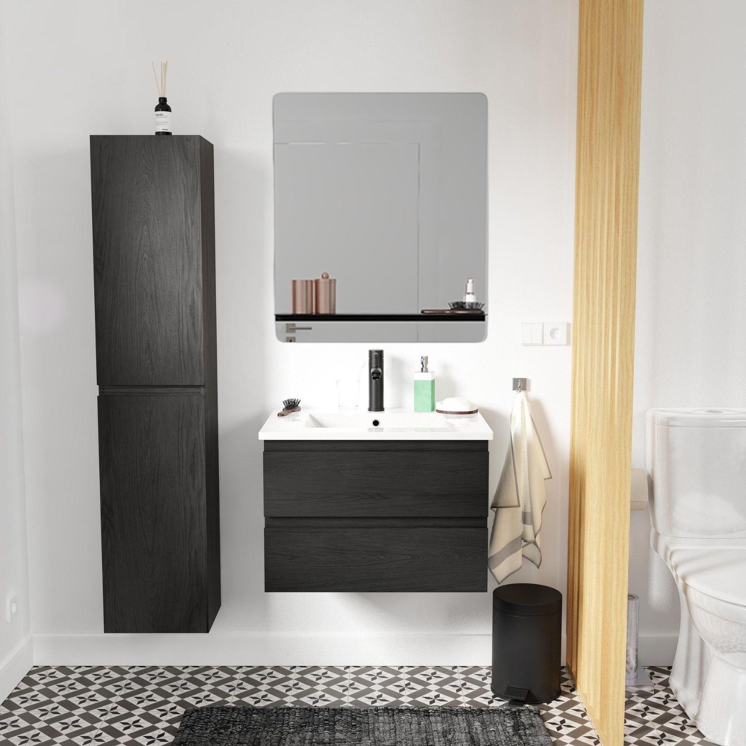 Ensemble meuble simple vasque 60cm décor chêne + vasque noire + robinet + miroir + colonne