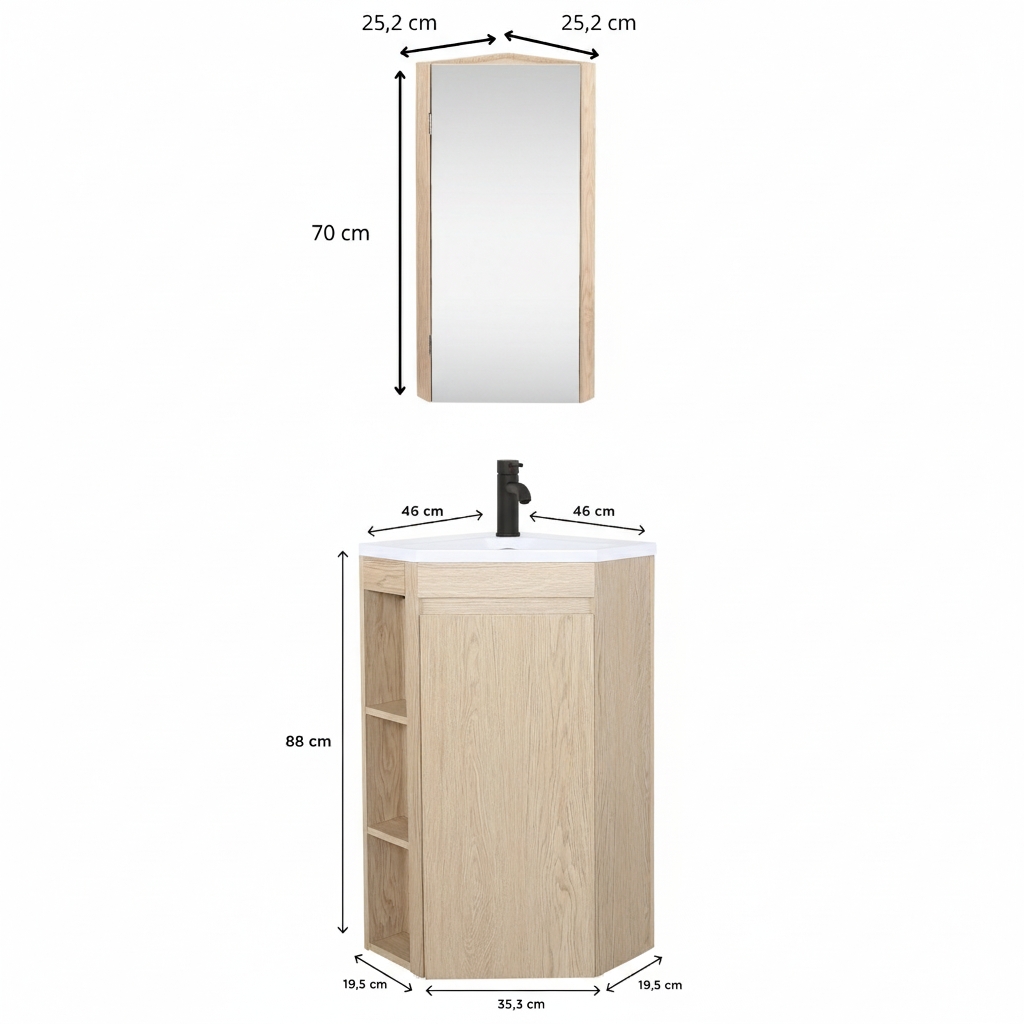 Ensemble meuble sous vasque d'angle sur pieds avec vasque en résine, robinet noir et armoire de toilette