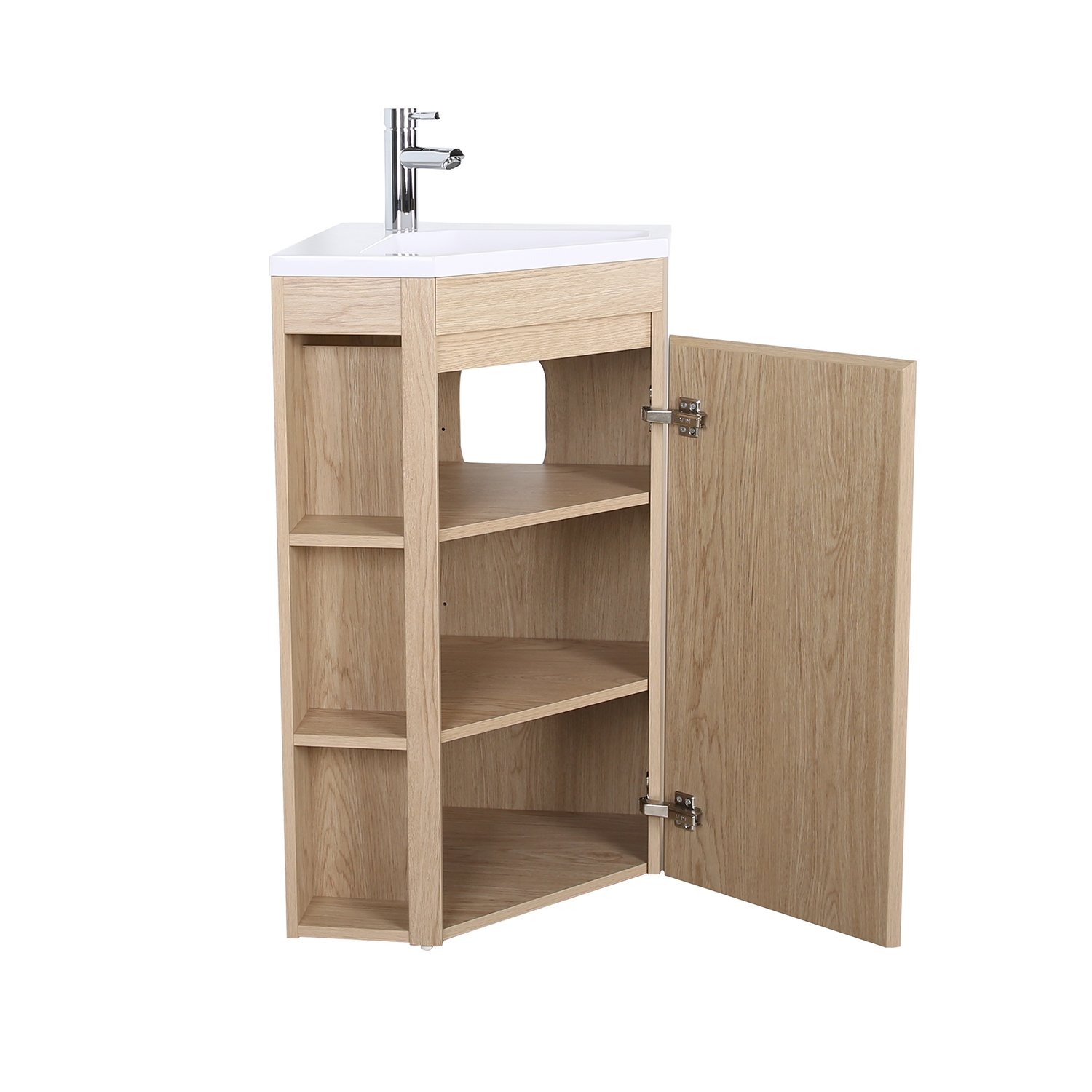 Ensemble meuble sous vasque d'angle sur pieds avec vasque en résine, robinet noir et armoire de toilette