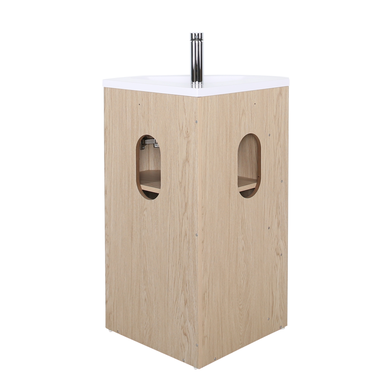 Ensemble meuble sous vasque d'angle sur pieds avec vasque en résine, robinet noir et armoire de toilette
