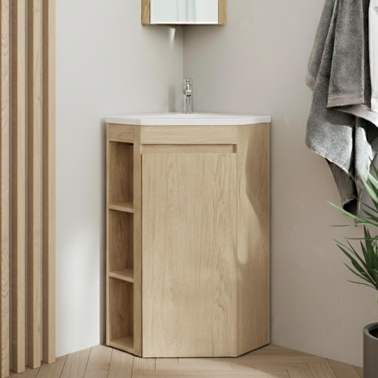Ensemble meuble sous vasque d'angle sur pieds avec vasque en résine et robinet chromé