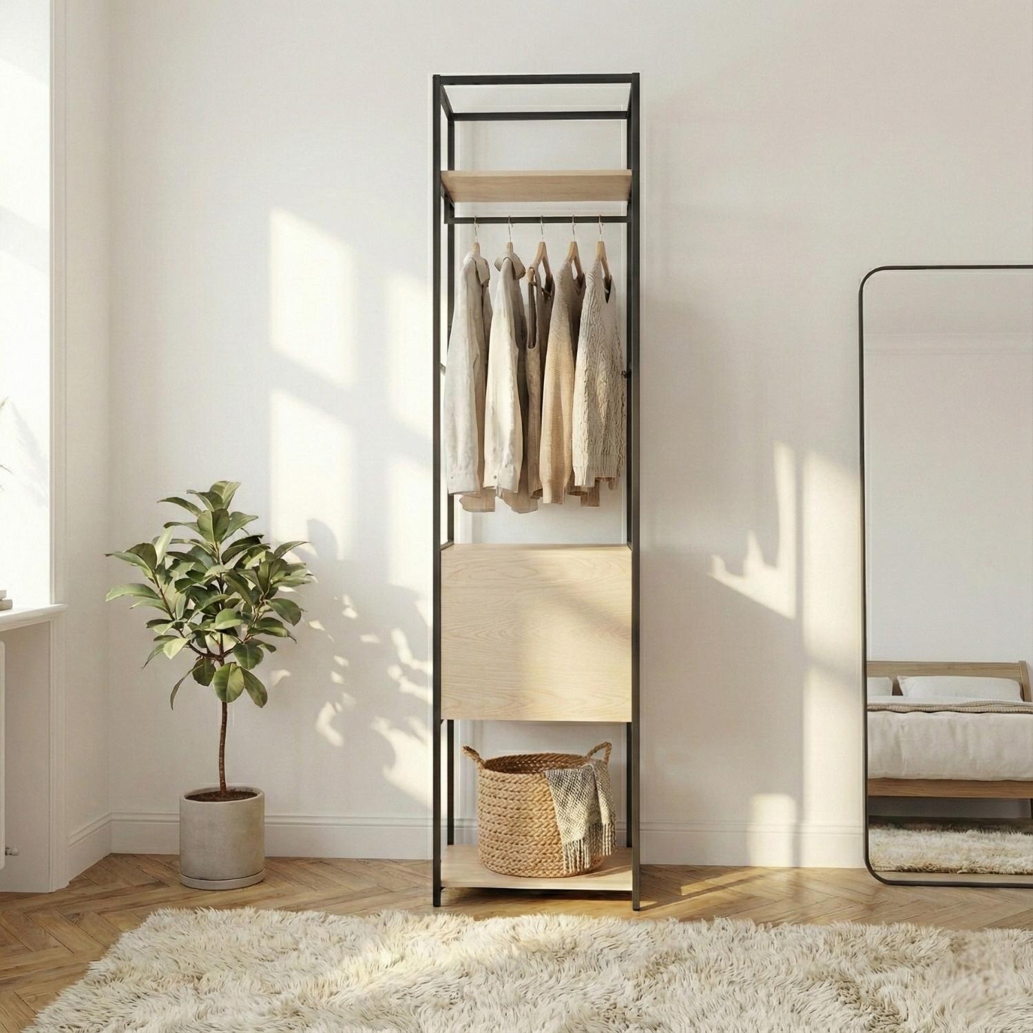 Portant vêtements en bois et métal noir 50x200cm - rangement fermé