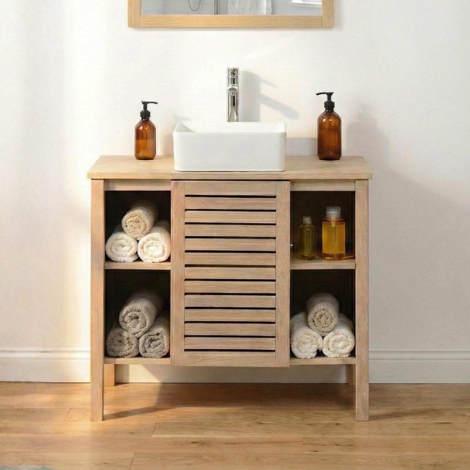Meuble simple vasque sur pieds en chêne naturel 90 cm