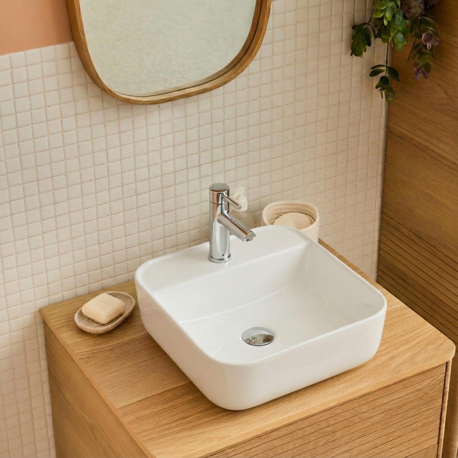 Vasque à poser carrée en céramique blanche 39cm