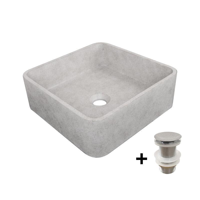 Vasque à poser carrée en béton brossé 36cm + bonde assortie