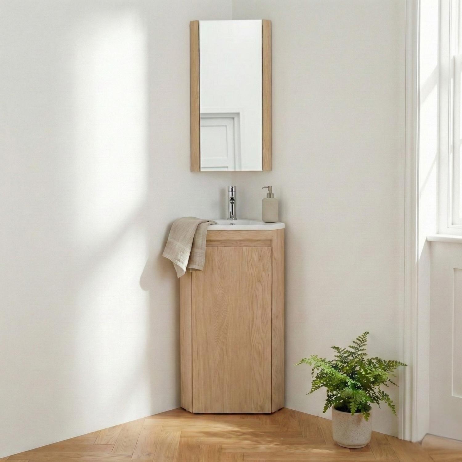 Meuble lave-mains d'angle sur pieds avec robinet chromé et armoire de toilette