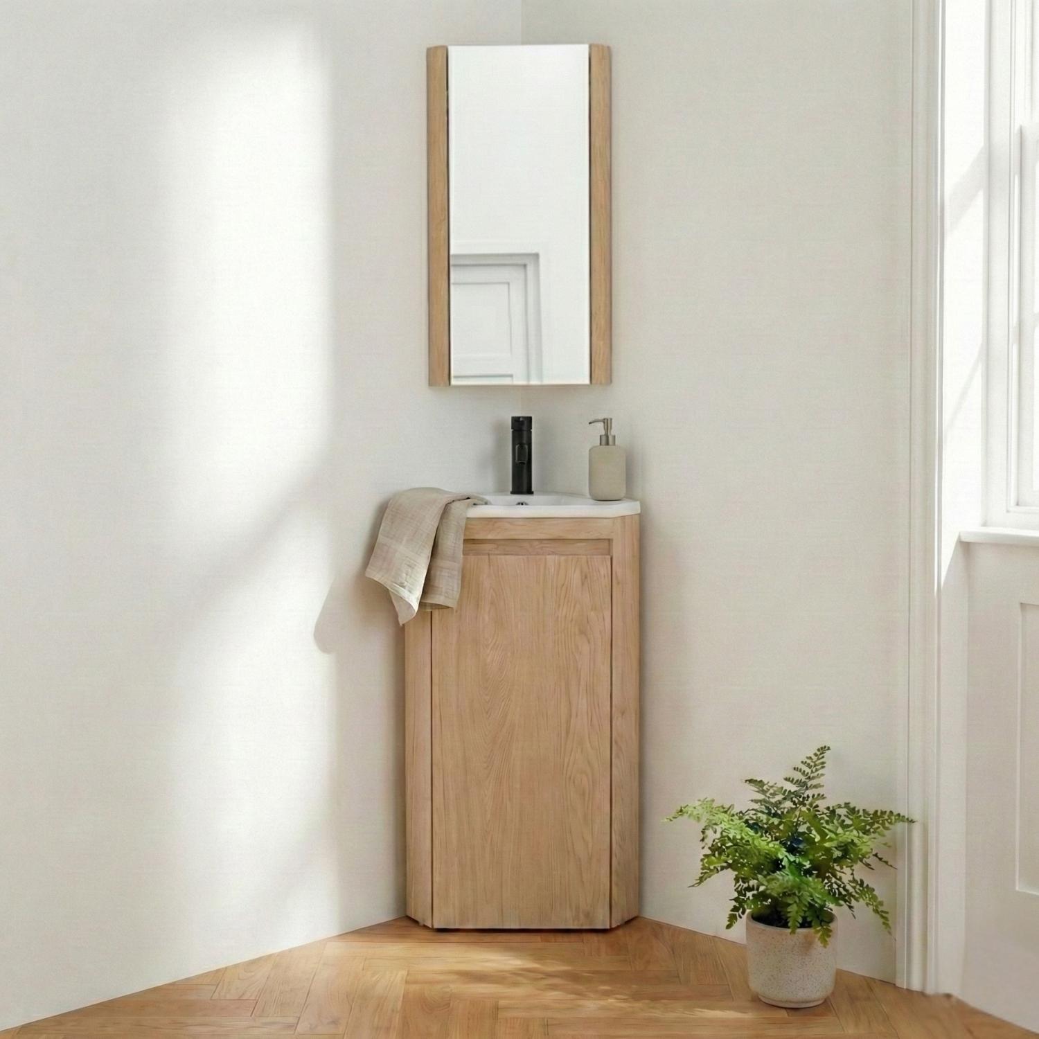 Meuble lave-mains d'angle sur pieds avec robinet noir et armoire de toilette