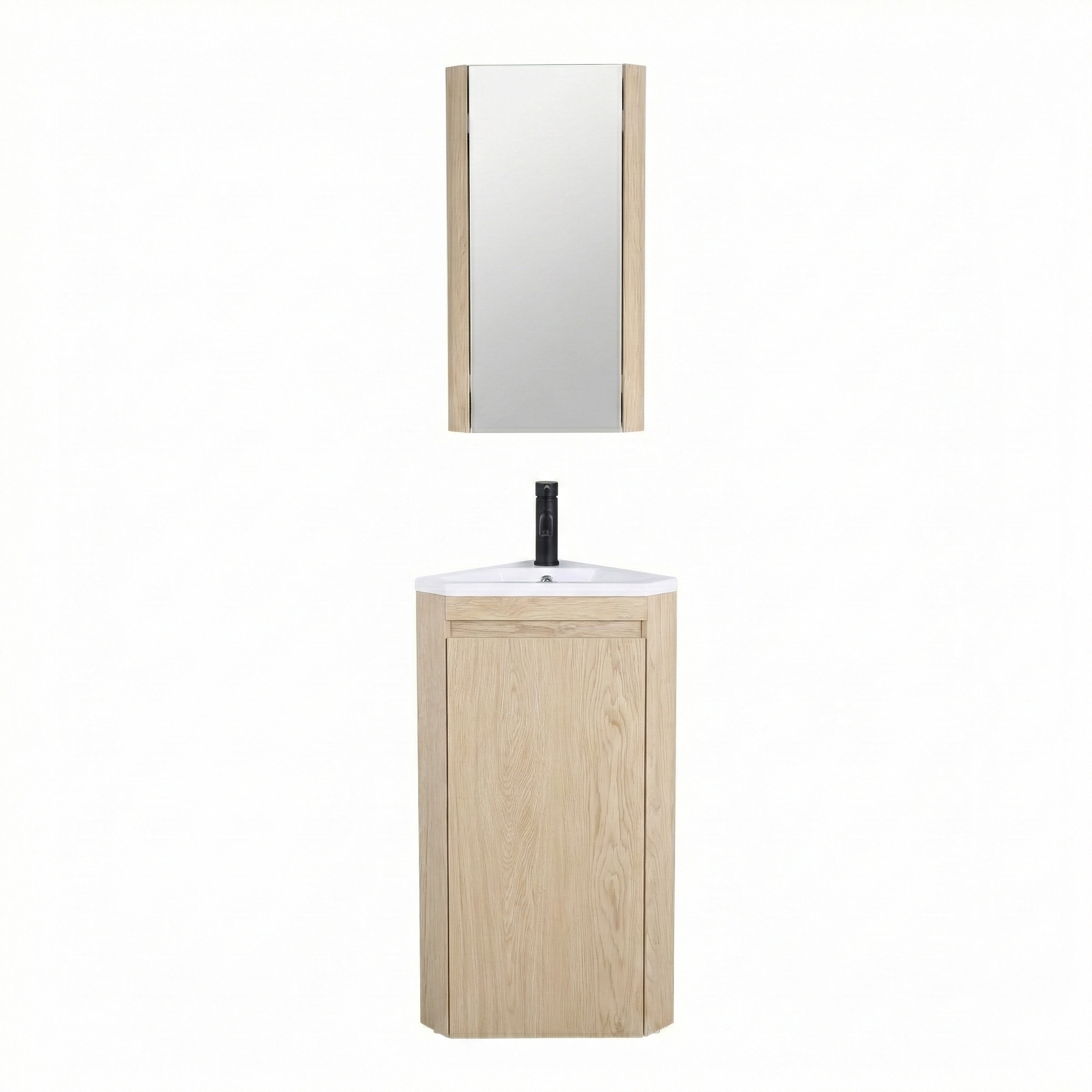 Meuble lave-mains d'angle sur pieds avec robinet noir et armoire de toilette