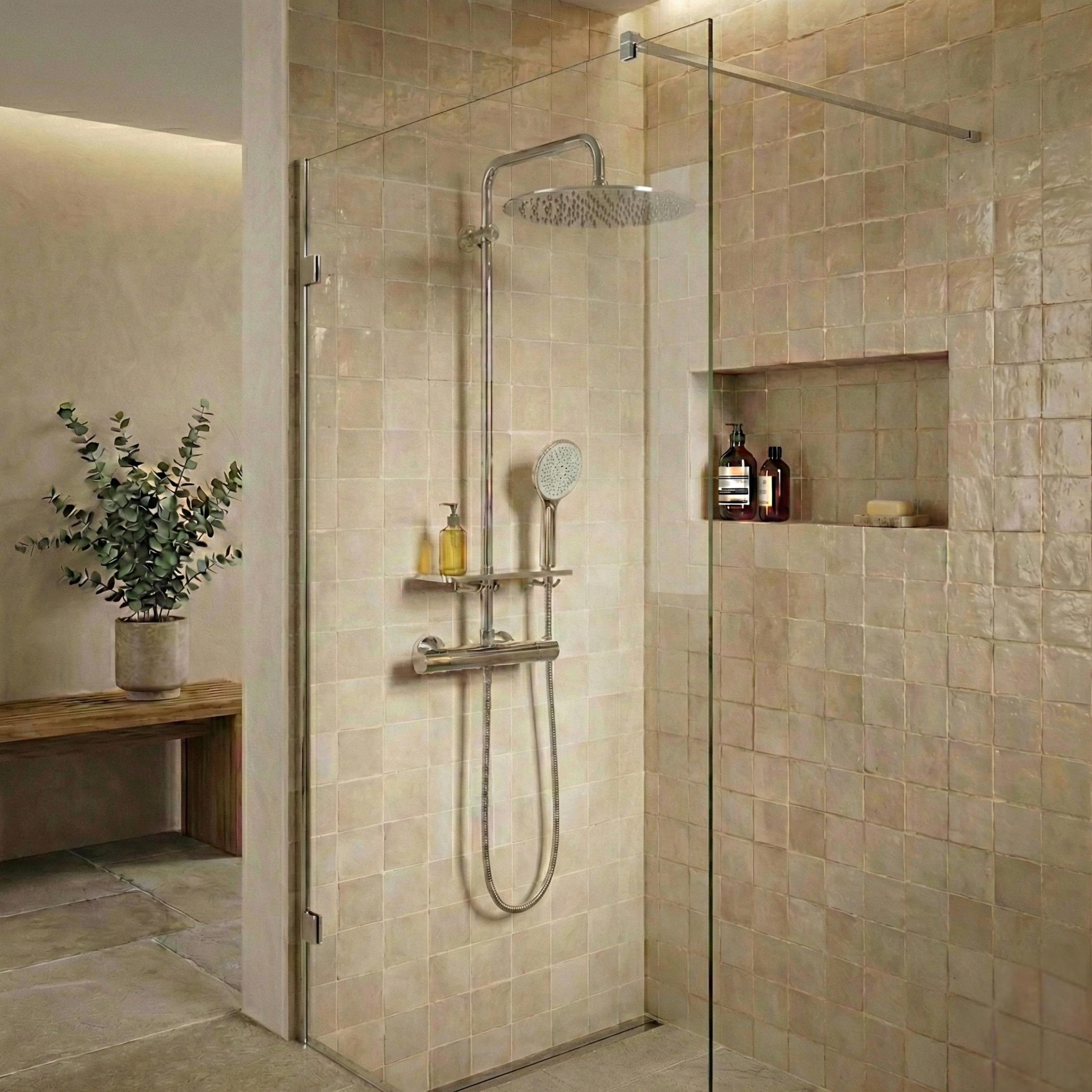 Colonne de douche thermostatique en inox chromée - avec tablette de rangement