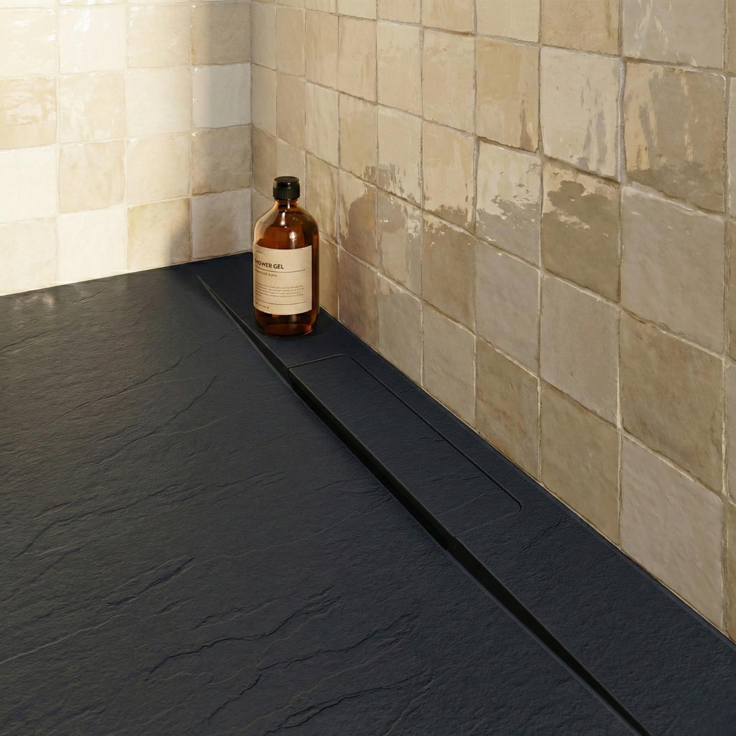 Receveur de douche en résine aspect pierre extra-plat noir - Bonde incluse