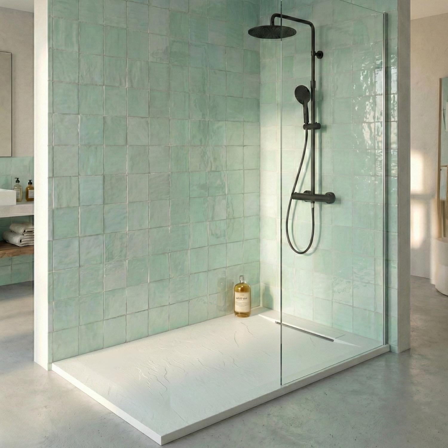 Receveur de douche en résine aspect pierre extra-plat blanc - Bonde incluse