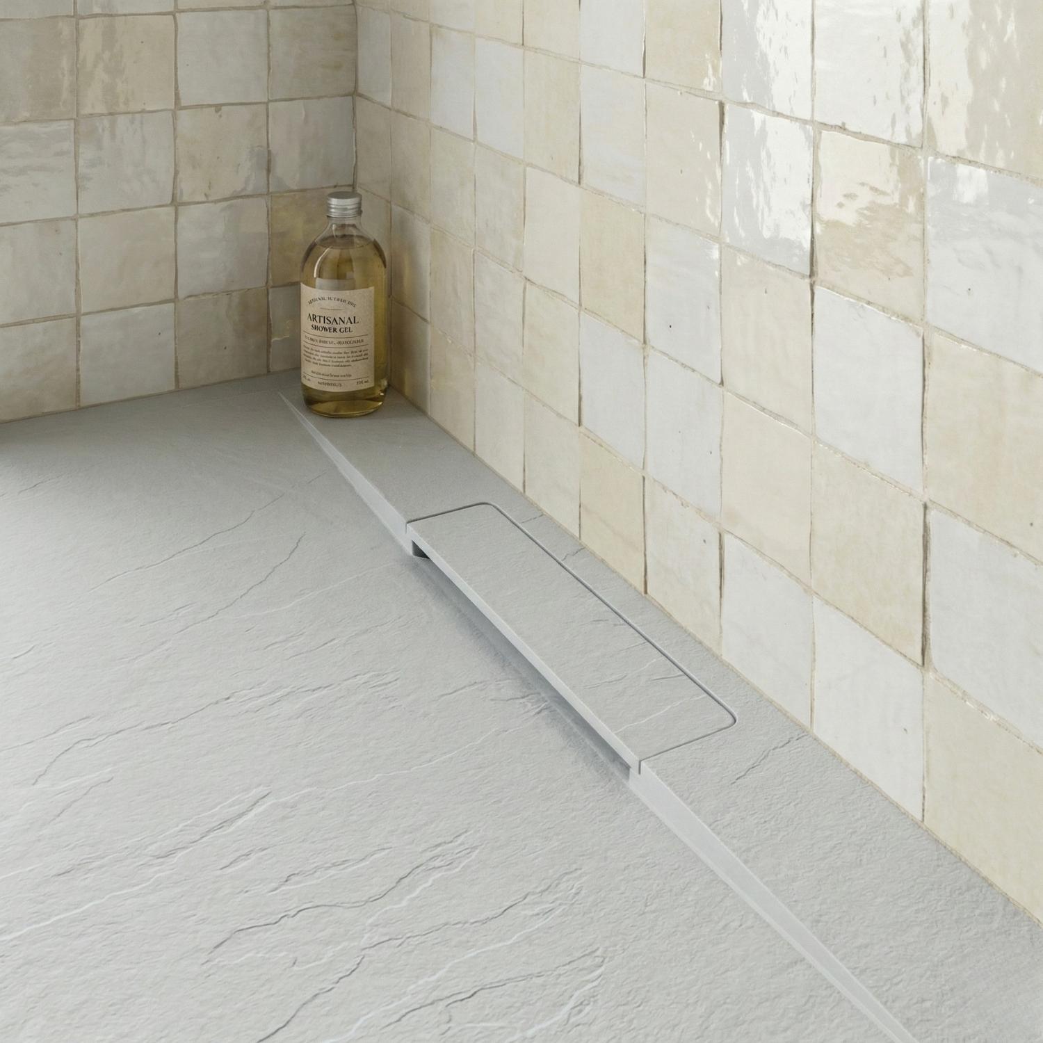 Receveur de douche en résine aspect pierre extra-plat gris clair - Bonde incluse
