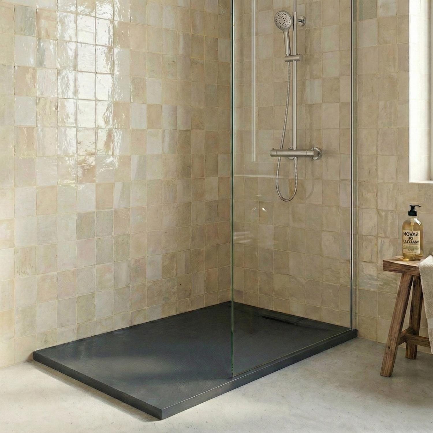 Receveur de douche en résine aspect pierre extra-plat gris anthracite - Bonde incluse