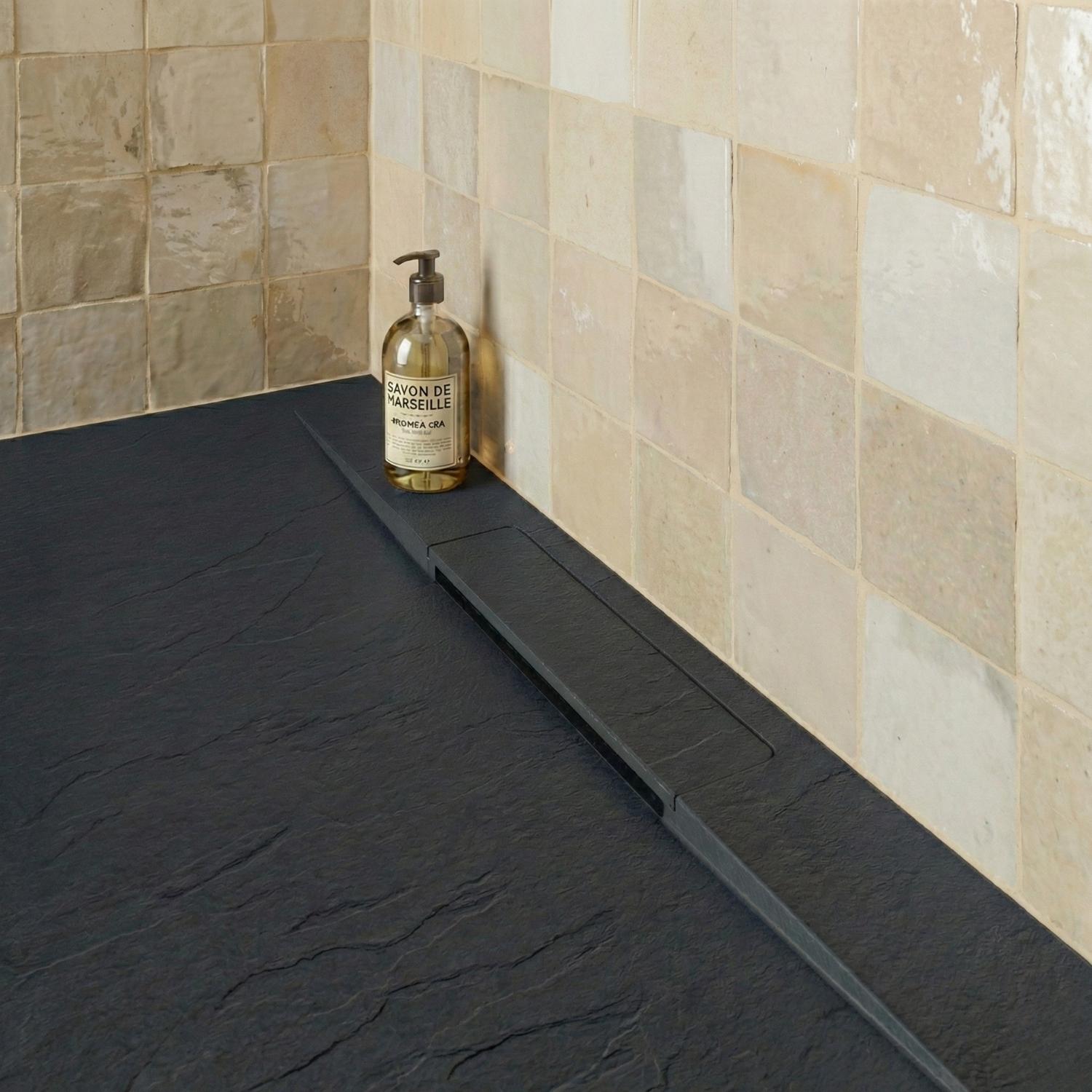 Receveur de douche en résine aspect pierre extra-plat gris anthracite - Bonde incluse