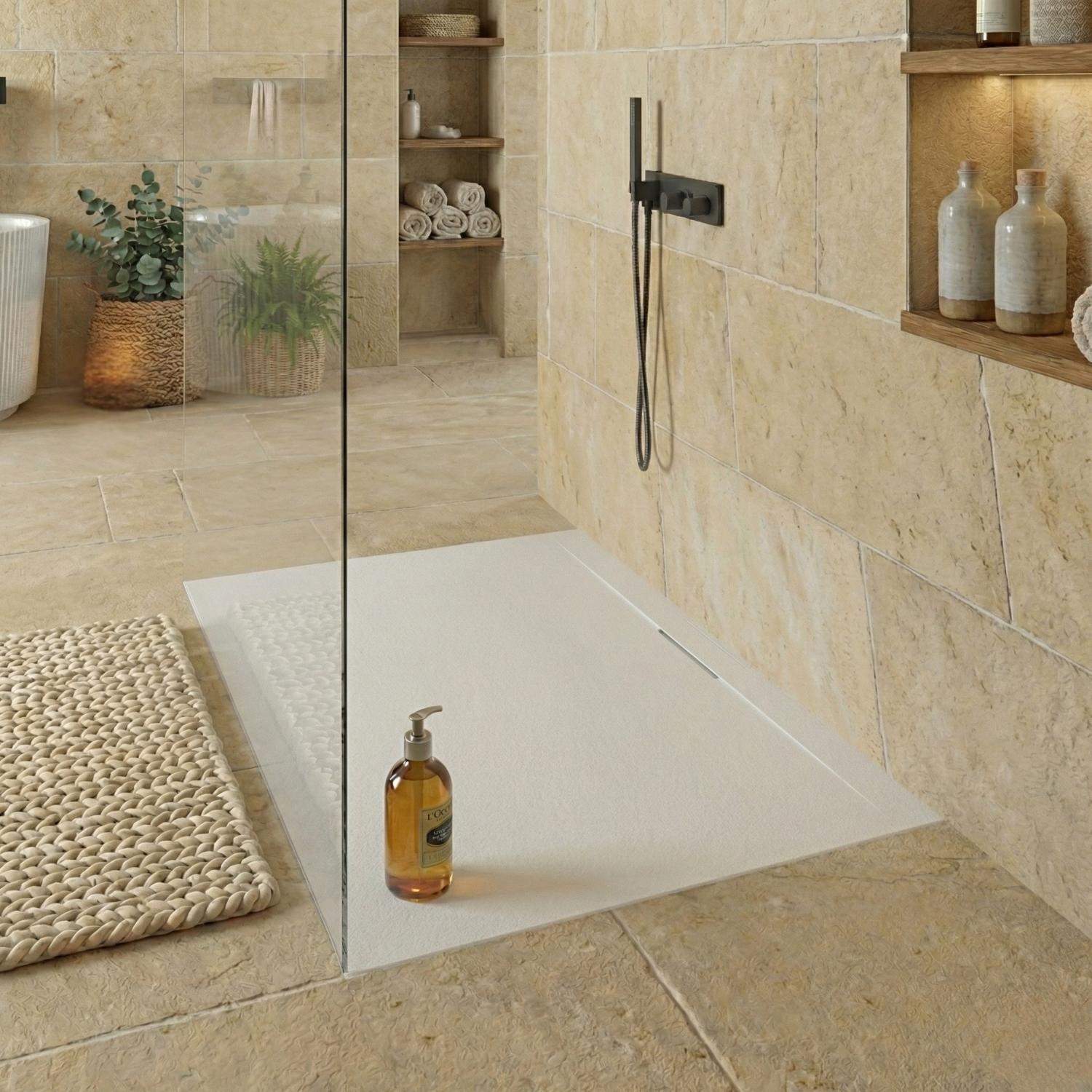 Receveur de douche mural en résine aspect pierre extra-plat blanc - Bonde incluse