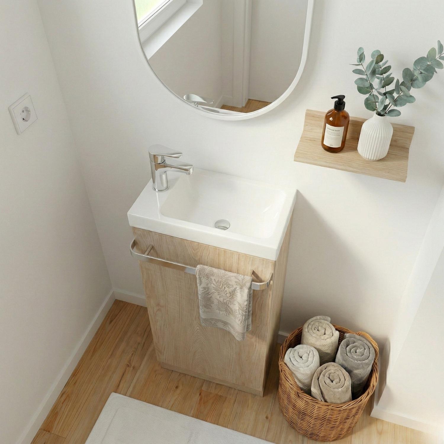 Ensemble lave-mains sur pieds décor chêne avec miroir ovale
