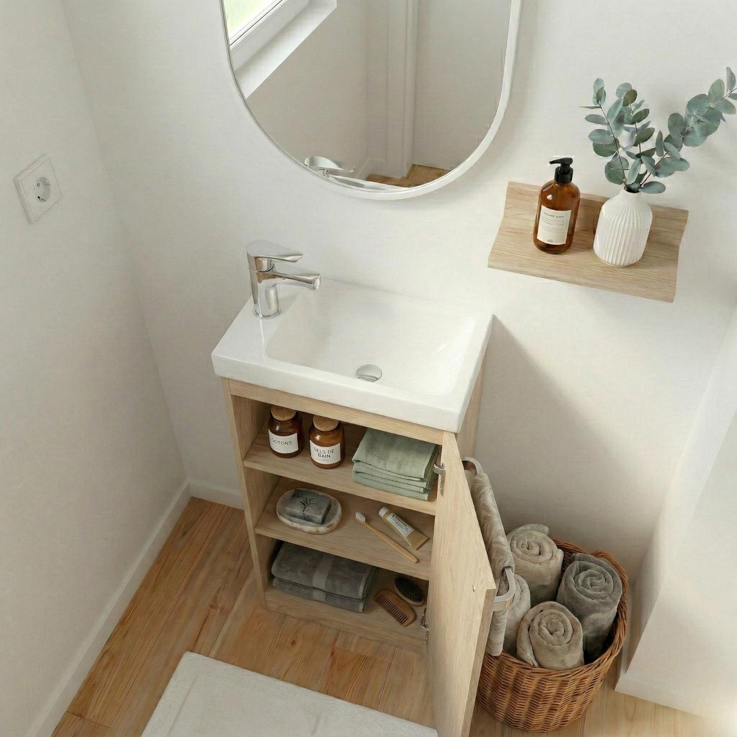 Ensemble lave-mains sur pieds décor chêne avec miroir ovale