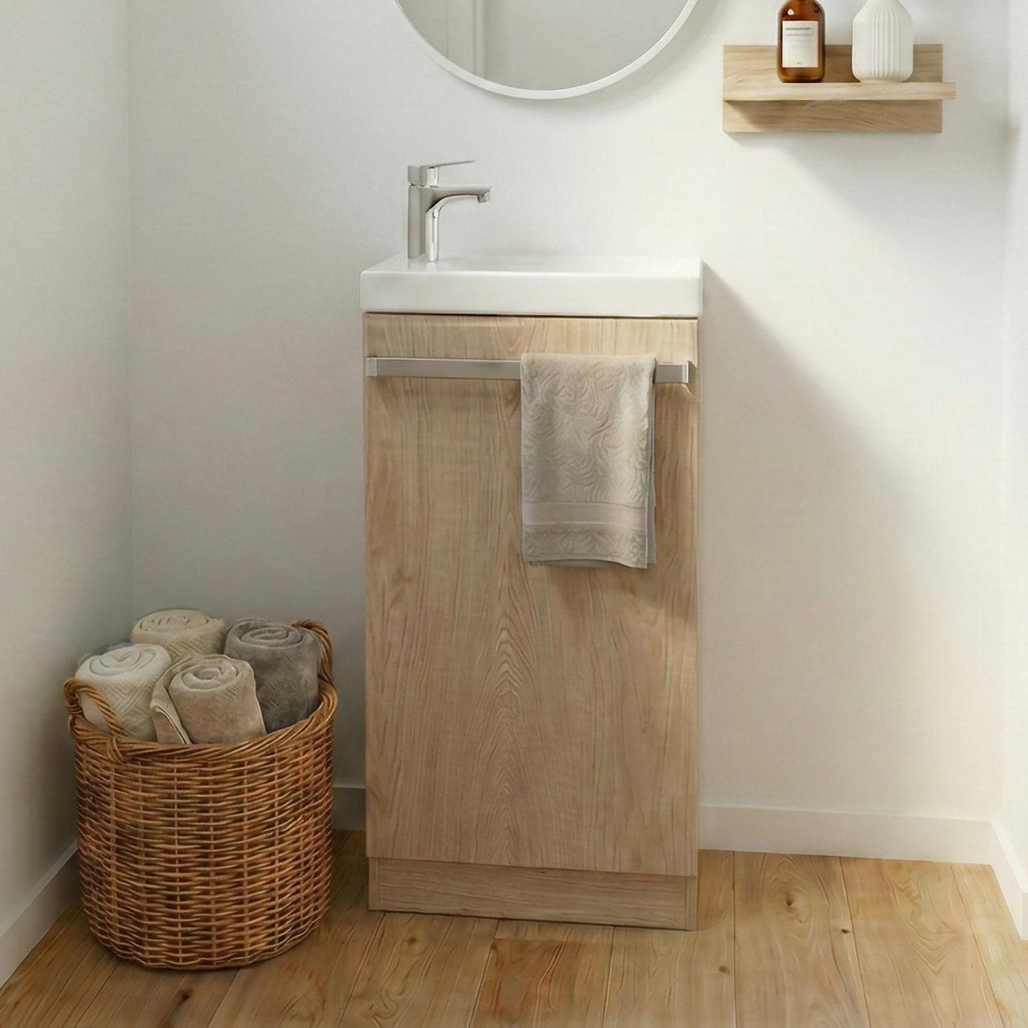 Meuble lave-mains sur pieds décor chêne avec vasque en céramique