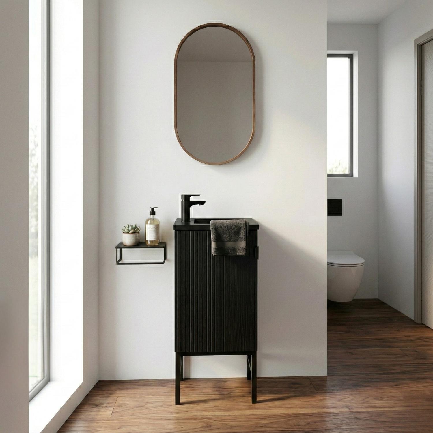 Ensemble meuble lave-mains chêne carbone + robinet + miroir