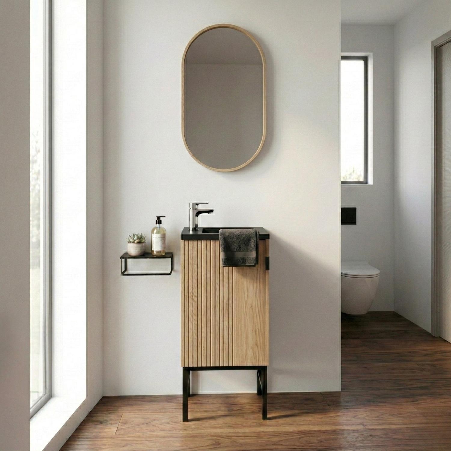 Ensemble meuble lave-mains sur pieds chêne + robinet + miroir