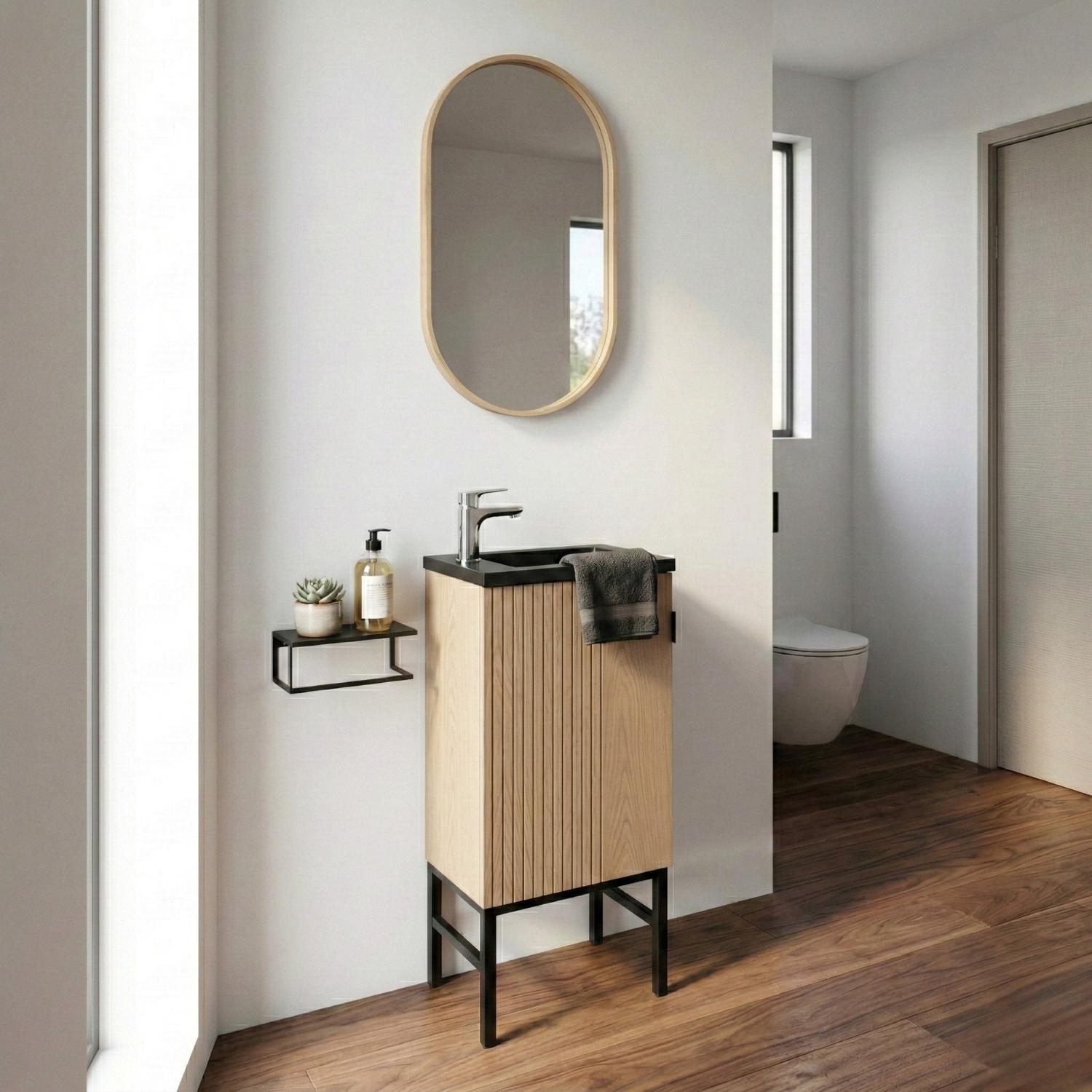 Ensemble meuble lave-mains sur pieds chêne + miroir