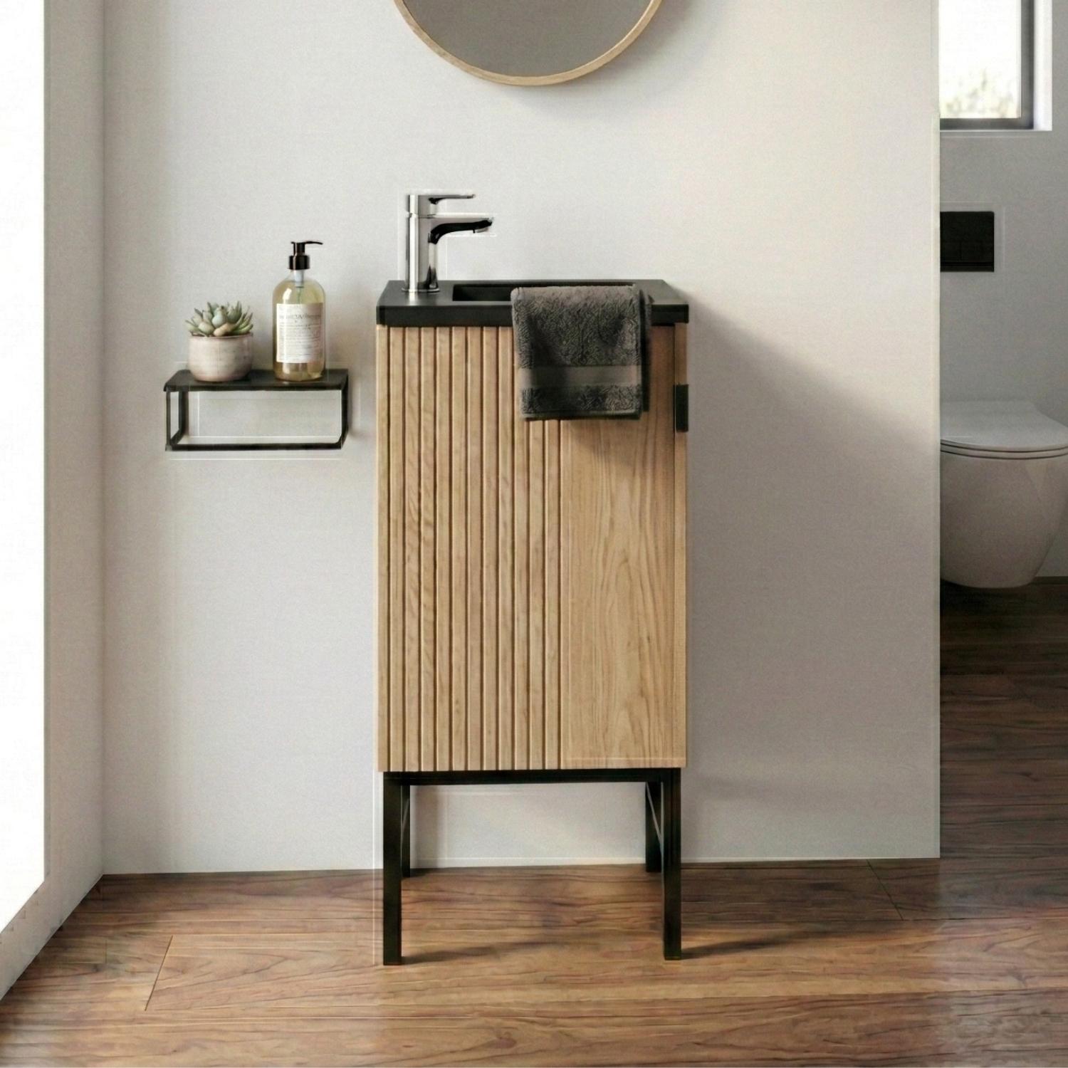 Meuble lave-mains sur pieds décor chêne