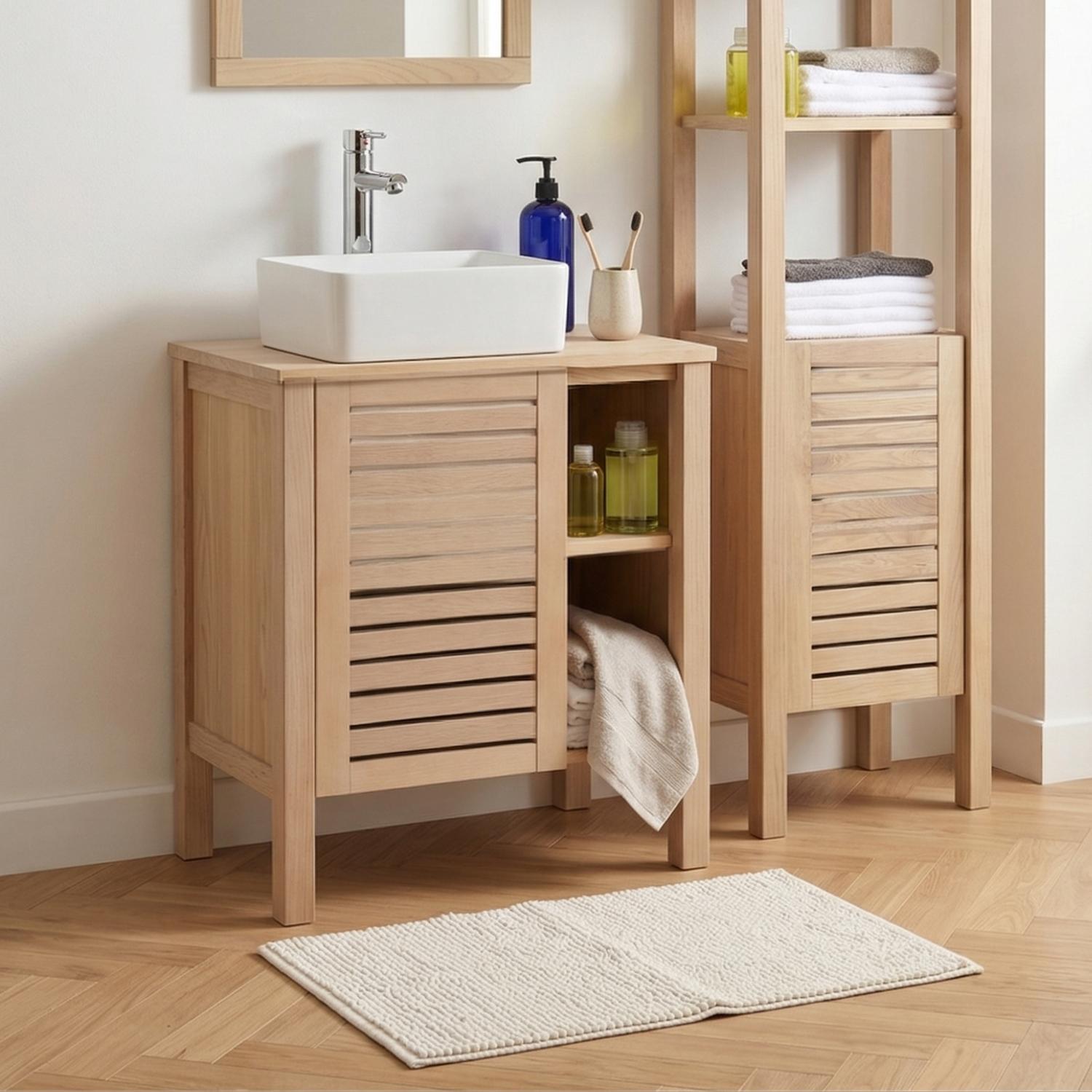 Ensemble simple vasque 60cm chêne avec vasque céramique carrée