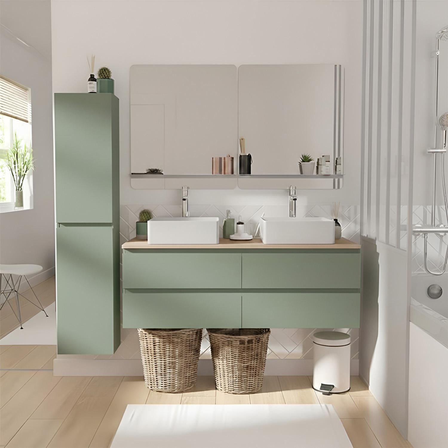 Meuble double vasque suspendu 120cm - avec plan vasque décor chêne