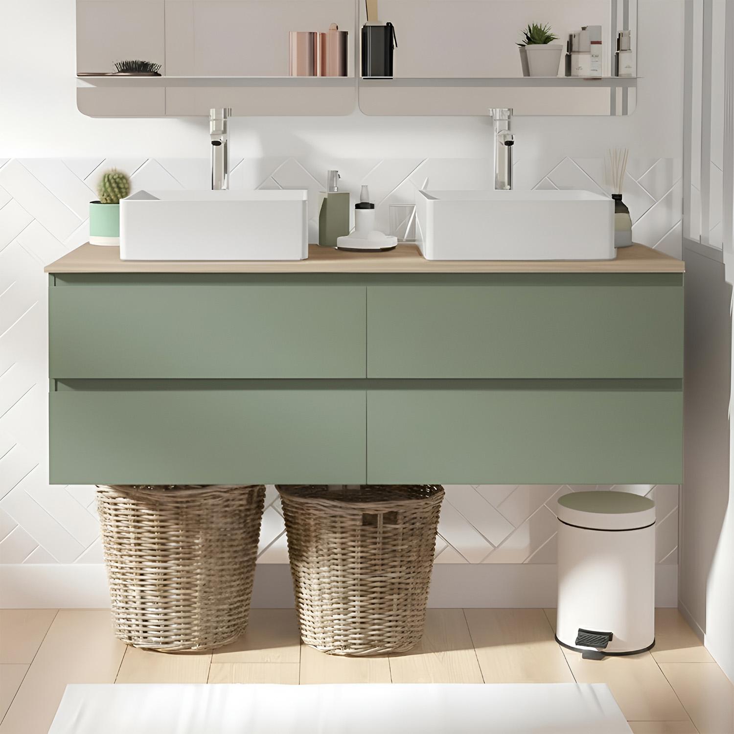 Ensemble double vasque suspendu 120cm avec plan bois et vasques à poser