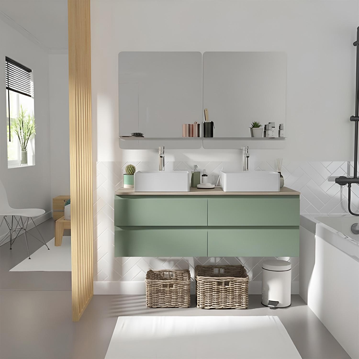 Ensemble double vasque suspendu 120cm avec plan bois, vasques, robinets et miroirs