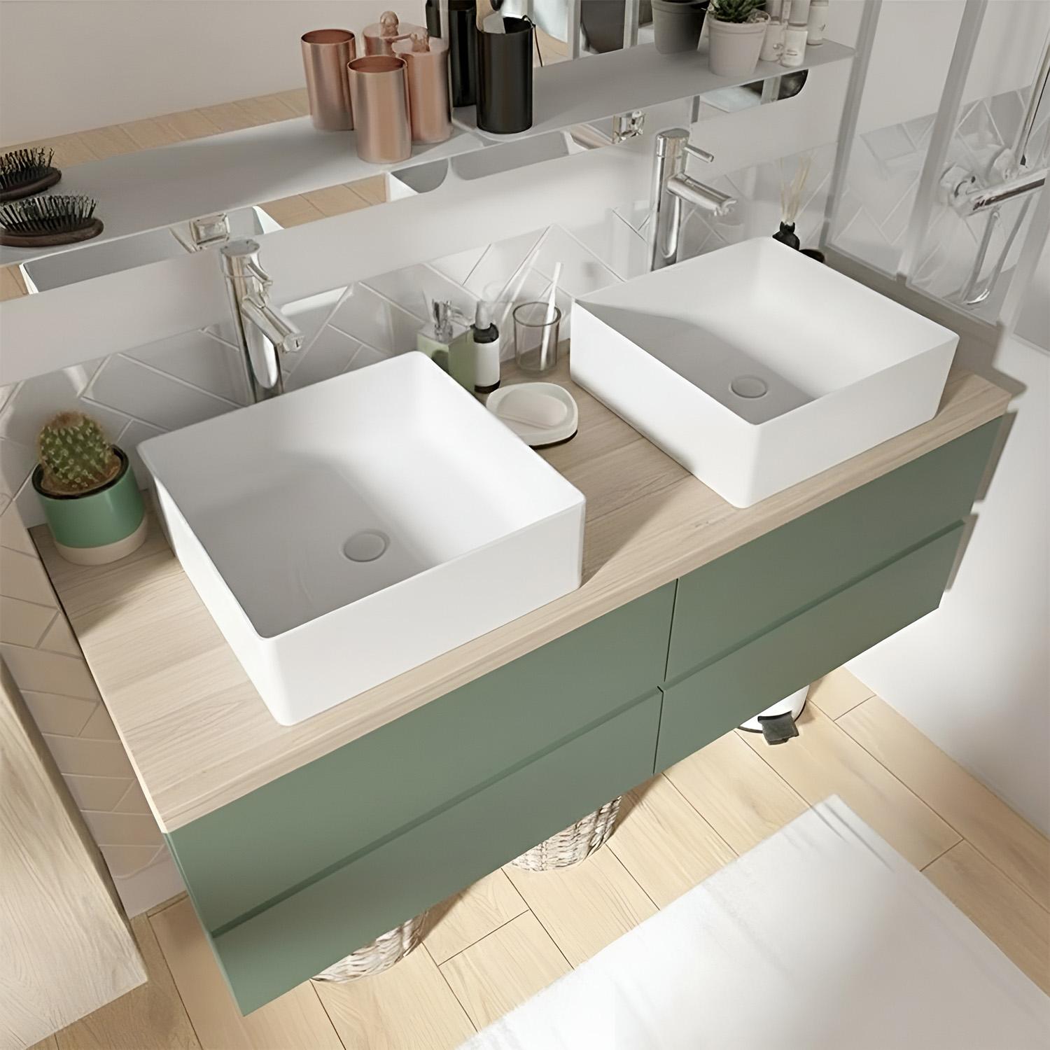 Ensemble double vasque suspendu 120cm avec plan bois, vasques, robinets et miroirs