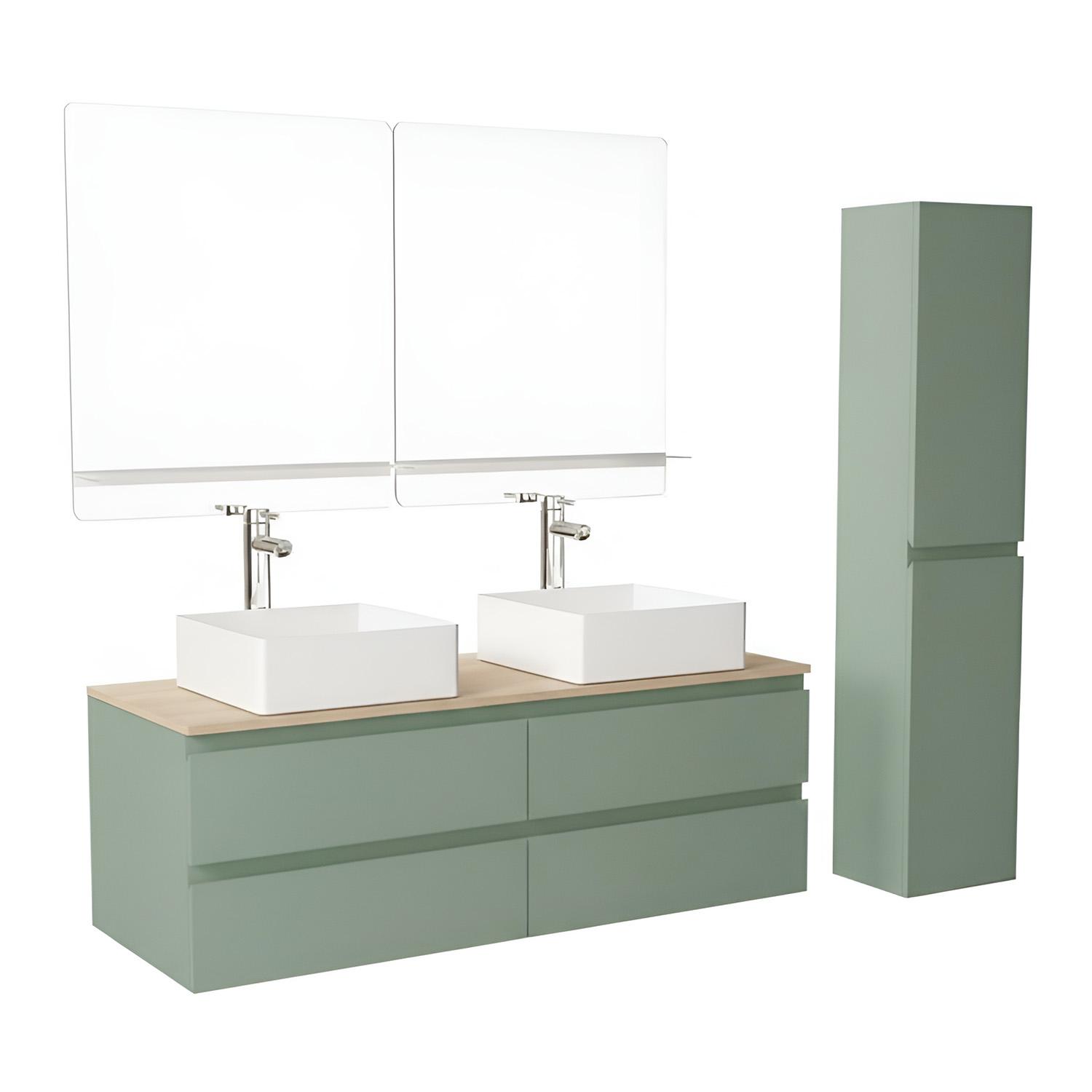 Ensemble double vasque suspendu 120cm avec plan bois, vasques, robinets, miroirs et colonne