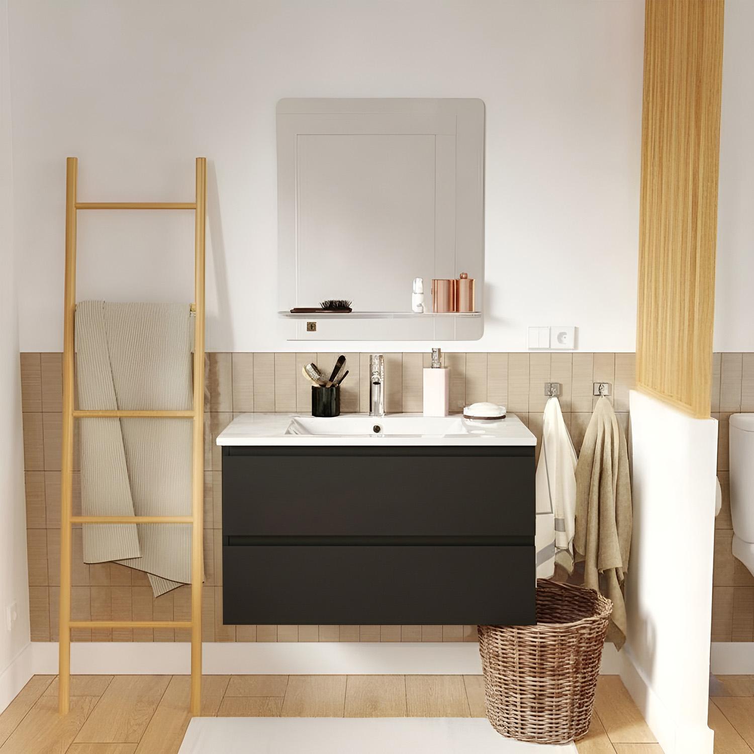 Meuble simple vasque suspendu 80cm - avec plan vasque céramique