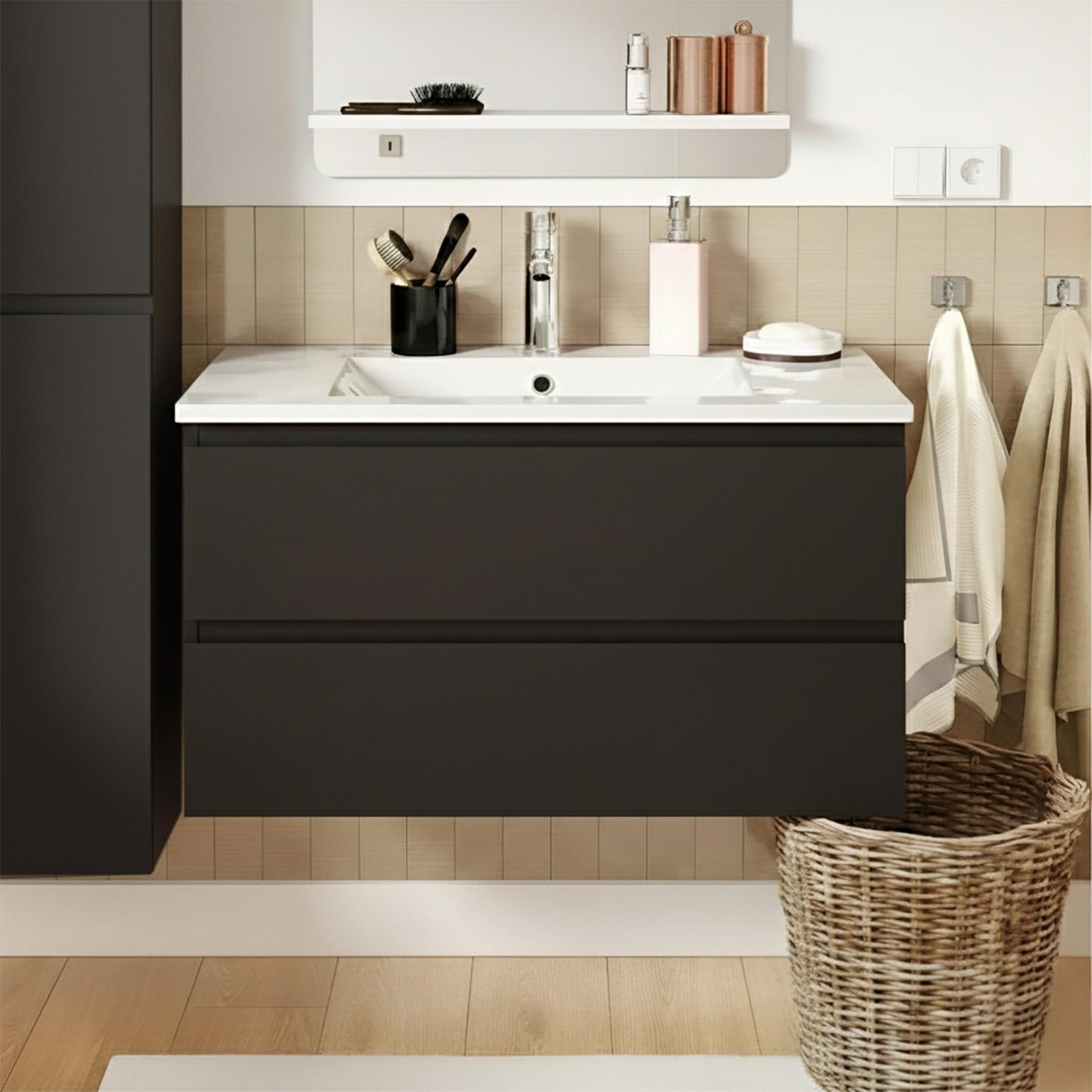 Ensemble meuble simple vasque 80cm avec plan céramique et robinet chromé