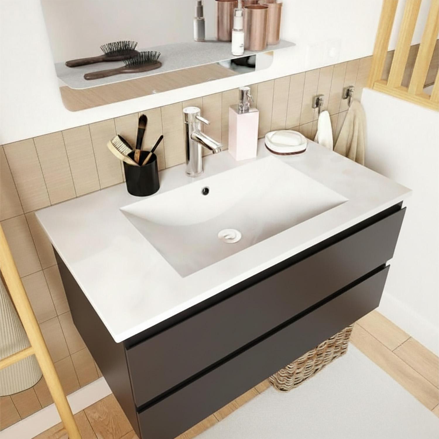 Ensemble meuble simple vasque 80cm avec plan céramique et robinet chromé