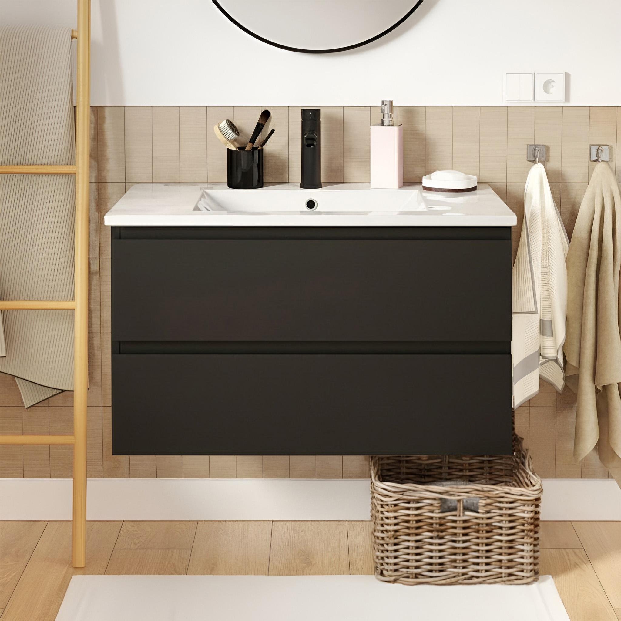 Ensemble meuble simple vasque 80cm avec plan céramique et robinet noir