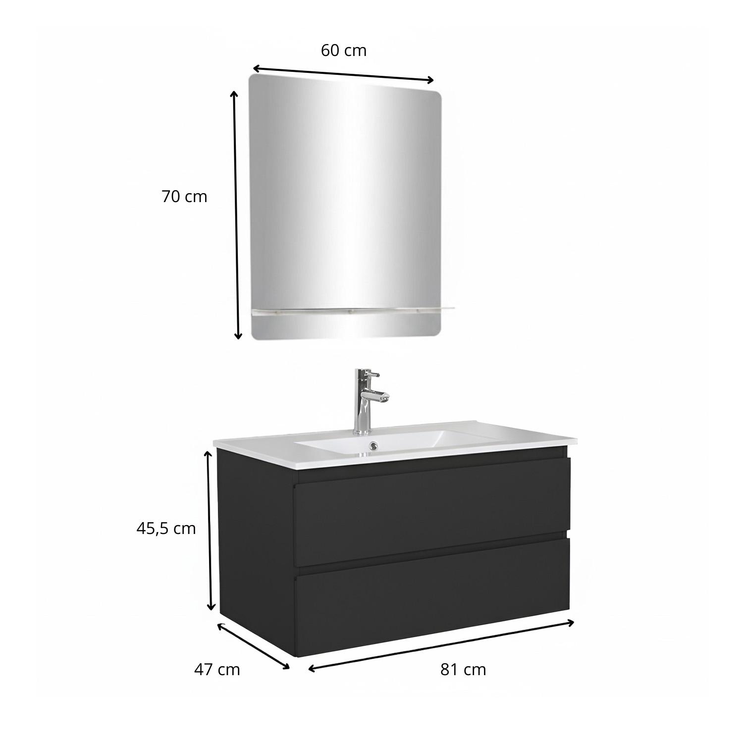 Ensemble meuble simple vasque 80cm avec plan céramique, robinet chromé et miroir