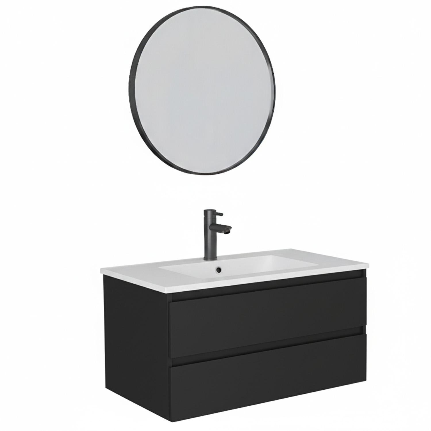 Ensemble meuble simple vasque 80cm avec plan céramique, robinet noir et miroir