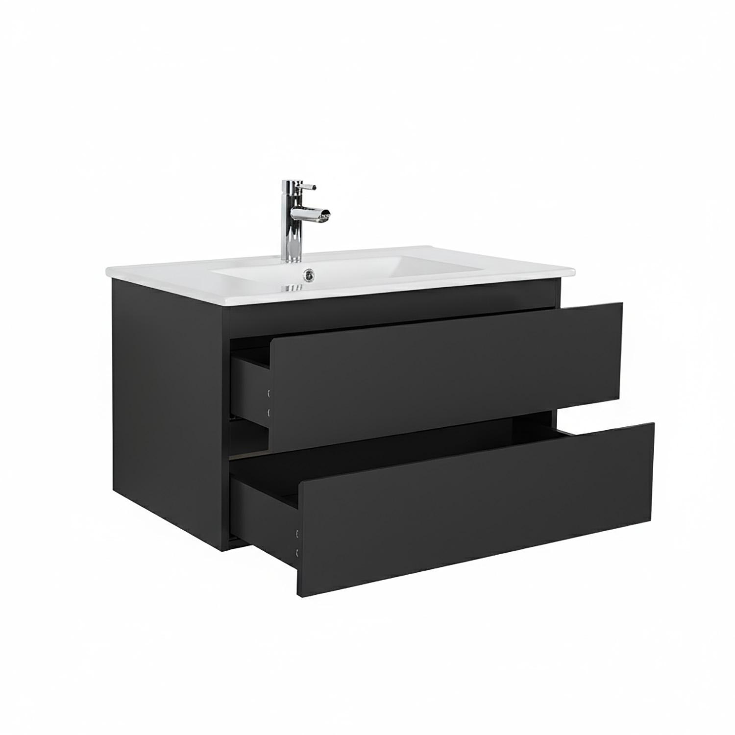 Ensemble meuble simple vasque 80cm avec plan céramique, robinet noir et miroir