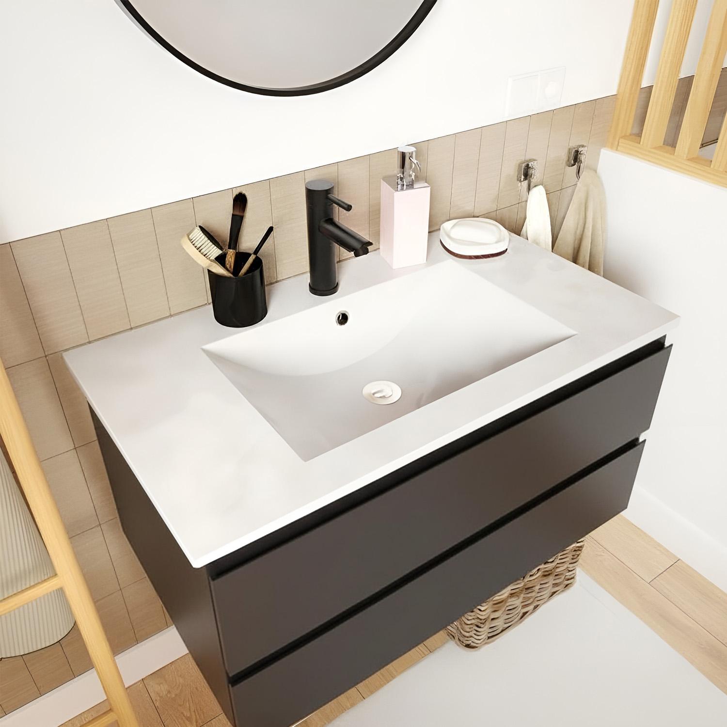 Ensemble meuble simple vasque 80cm avec plan céramique, robinet noir et miroir
