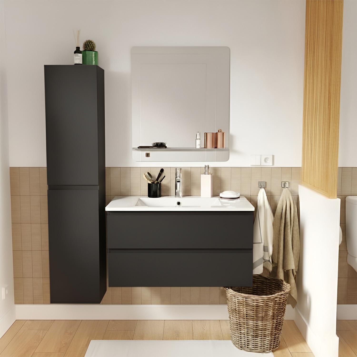Ensemble meuble simple vasque 80cm avec plan céramique, robinet, miroir et colonne