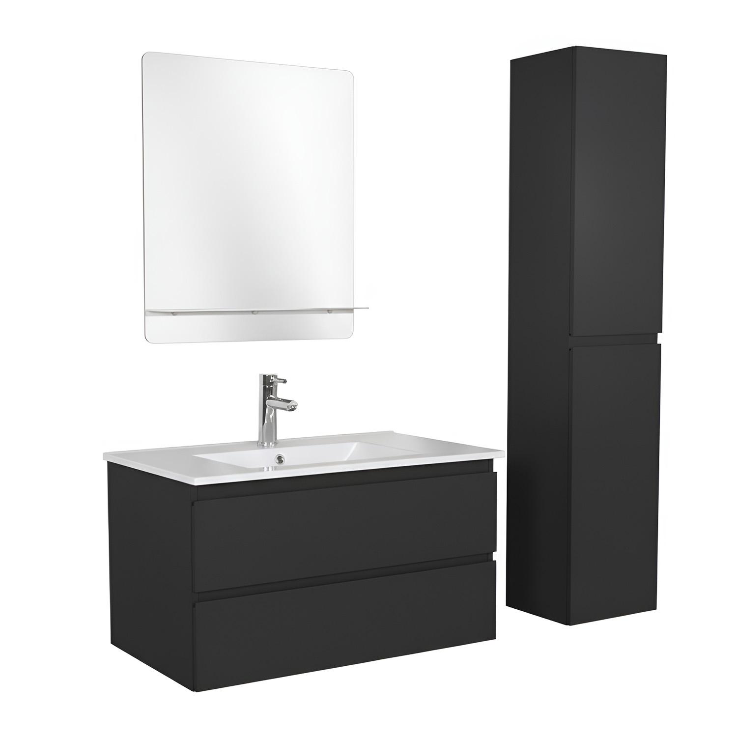 Ensemble meuble simple vasque 80cm avec plan céramique, robinet, miroir et colonne