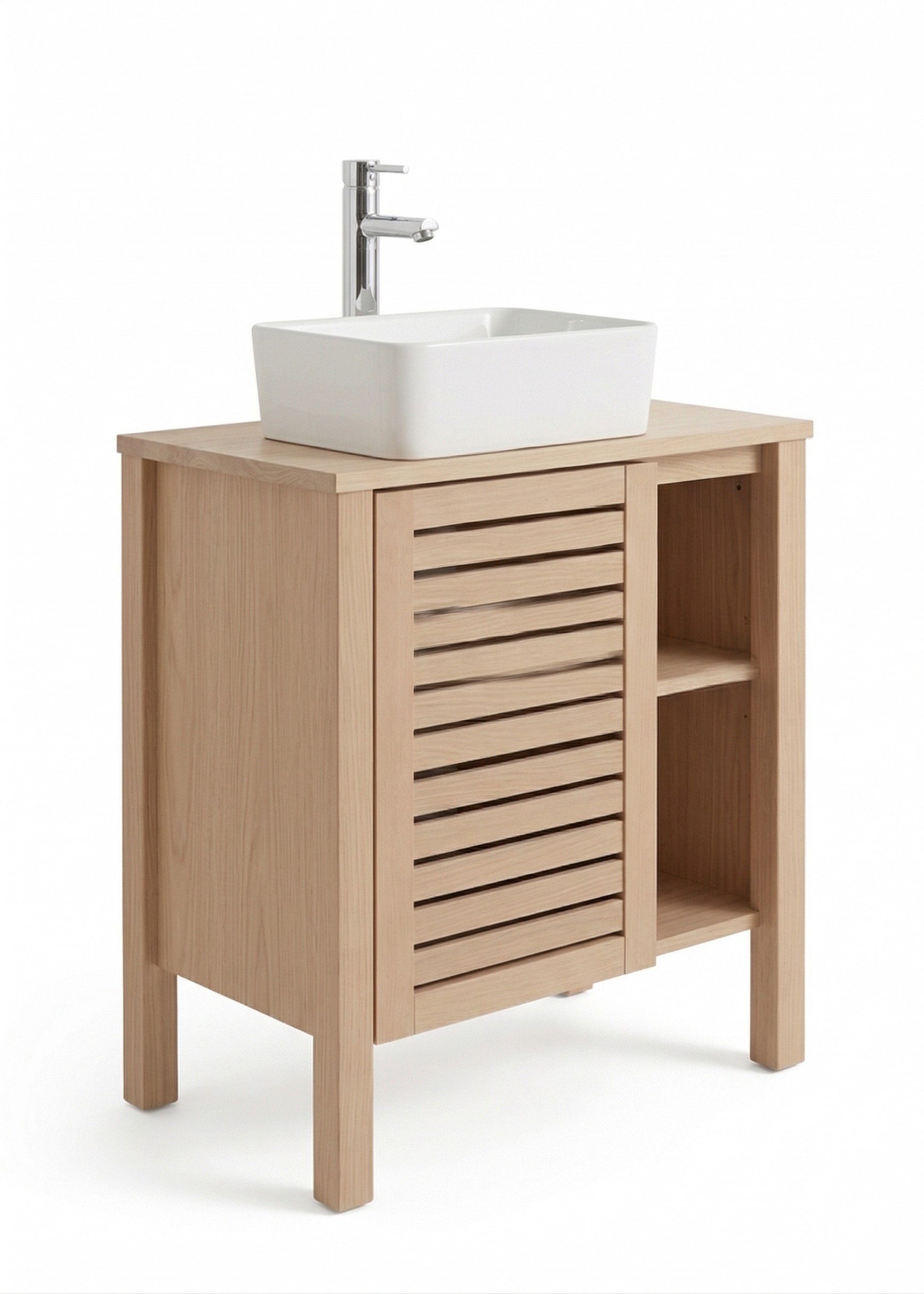 Ensemble simple vasque 60cm chêne avec vasque et robinet chromé